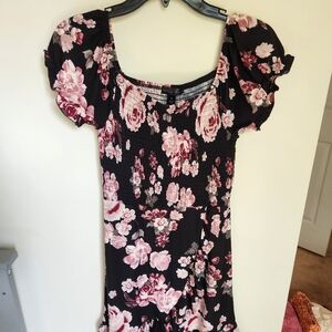 Faded Rose Floral Black and Pink Ruched Women's Dress Size Small